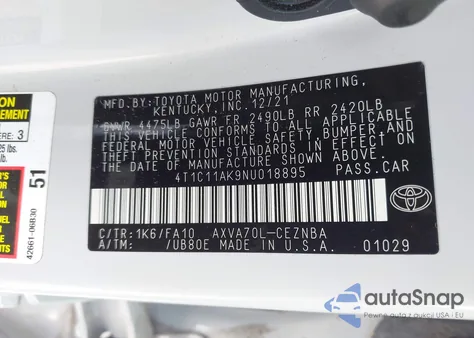 2022 Toyota Camry Le из США, поврежденный, VIN 4T1C11AK9NU018895